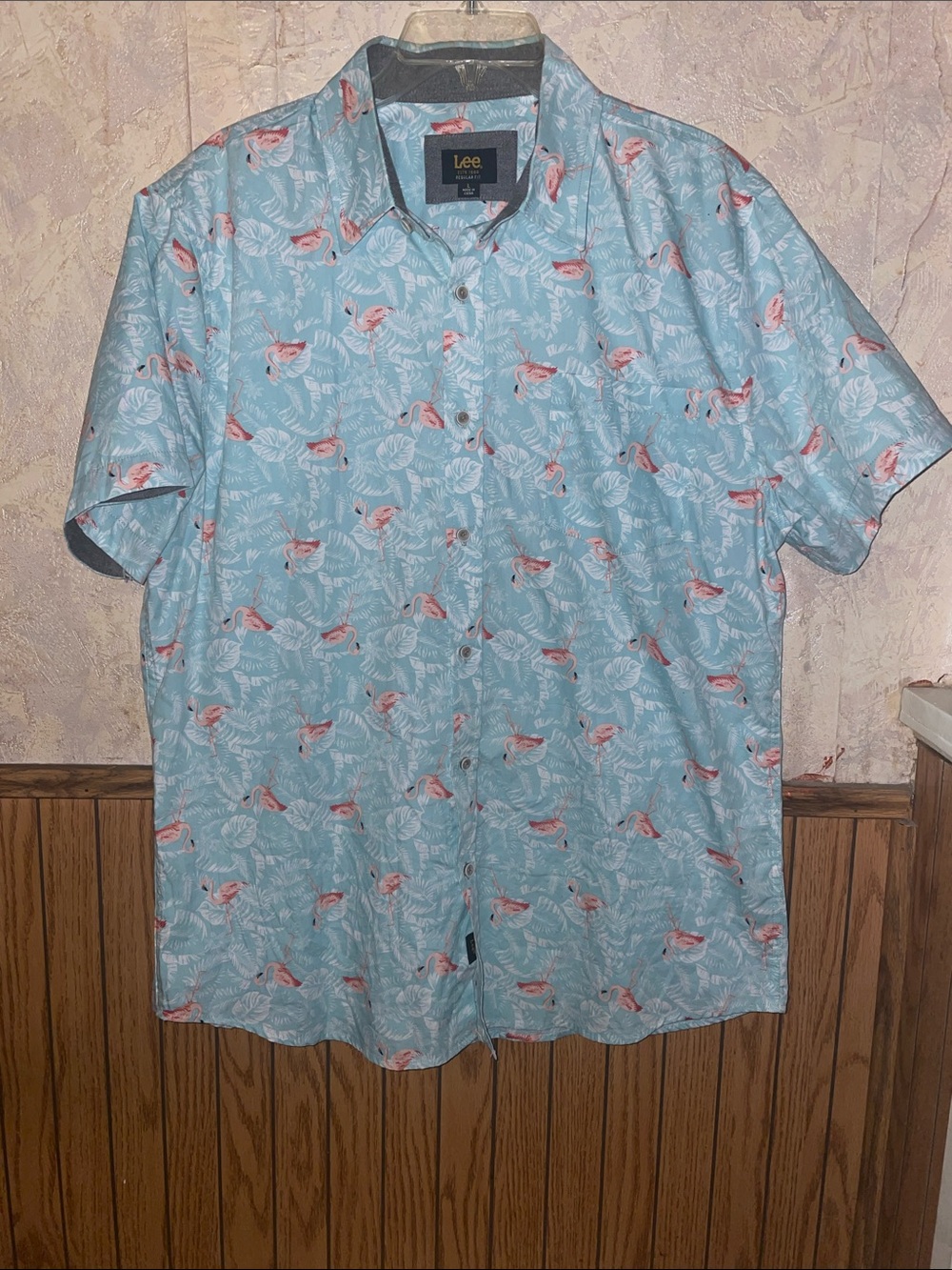 Green & pink Lee button down flamingo shirt (L)